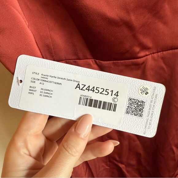 NWT Azazie Harlie Stretch Satin Dress Terracotta Size 12 - Picture 9 of 12